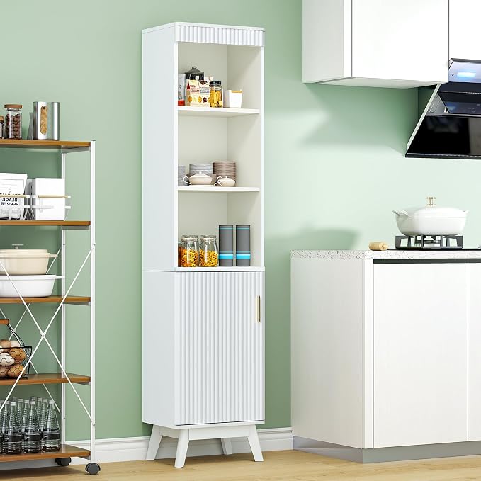 Bifins 68" Tall Bathroom Storage Cabinet,Narrow Fluted Tower Cabinet with Door and Shelves,Slim Space Saving Storage Unit for Bathroom Kitchen Living Room (White, 11.8" D x 15.75" W x 68" H) | Narrow,Fluted Door,Adjustable Shelf,5 Tier,Next to Toilet,N...