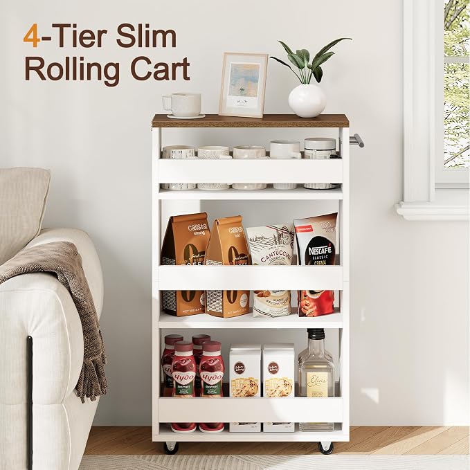 Yoobure Rolling Slim Storage Cart - Narrow Cart on Wheels, Slide Out Utility Carts with Adjustable Shelves, Organizer Trolley with Handle & Flip Top for Kitchen, Laundry
