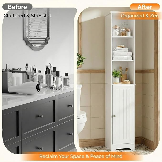 Bonnlo Narrow Cabinet, 67" Tall Slim Bathroom Storage Cabinet 12" Wide White Skinny Linen Cabinet with 3 Open Shelves Single Door Adjustable Shelf Space Saving Corner Pantry