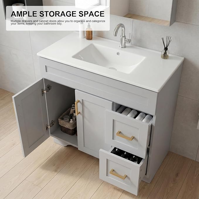 36 Inch Bathroom Vanity with Sink, Modern Wood Shaker Bathroom Vanity Cabinet with 2 Soft-Close Doors & 2 Drawers, Freestanding Bathroom Sink Storage Cabinet, Waterproof Painted Surface, Grey