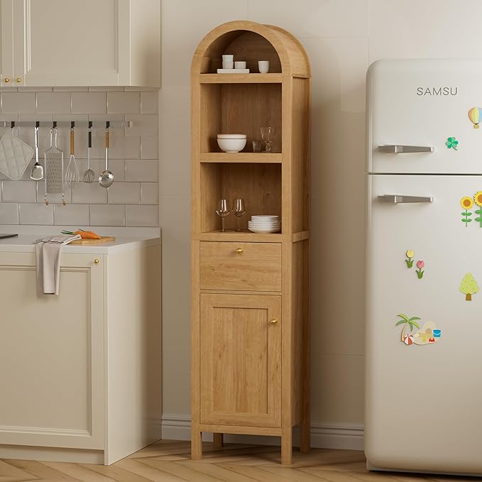 EYYTHUNG 67" Tall Arched Bathroom Narrow Storage Cabinet with Adjustable Shelf, Farmhouse Freestanding Tower Cabinet with Door and Drawer, Space Saving Organizer for Kitchen, Living Room, Natural Oak