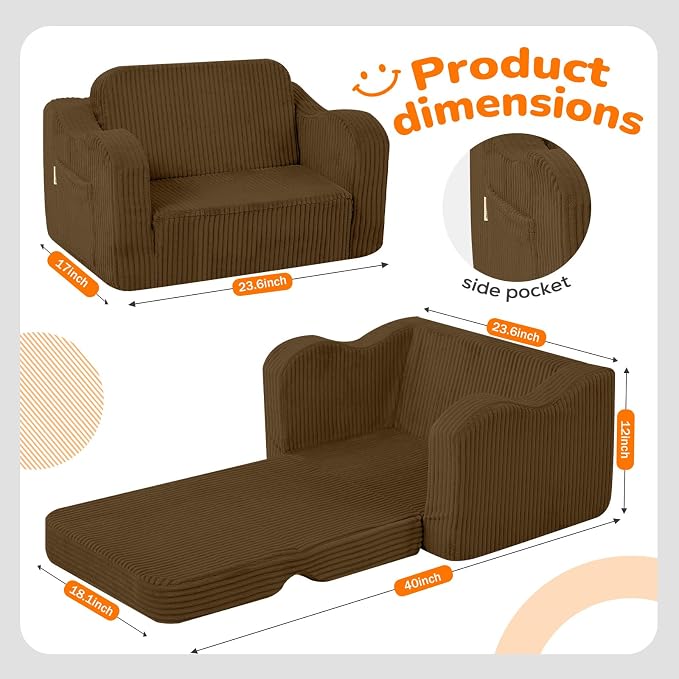 MeMoreCool Kids Sofa, 2-in-1 Corduroy Fold Out Recliner Chair, Brown