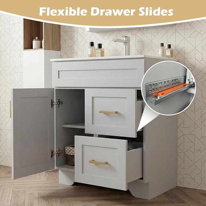 30 Inch Bathroom Vanity with Sink, Modern Shaker Bathroom Sink Cabinet with Soft-Close Door & 2 Drawers, Wood Freestanding Bathroom Storage Cabinet with Ceramic Basin, Grey
