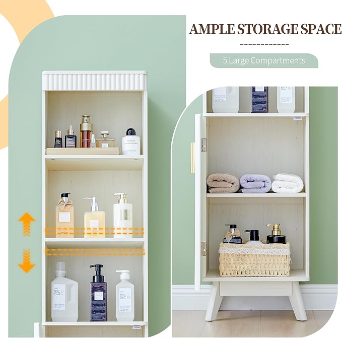 Bifins 68" Tall Bathroom Storage Cabinet,Narrow Fluted Tower Cabinet with Door and Shelves,Slim Space Saving Storage Unit for Bathroom Kitchen Living Room (White, 11.8" D x 15.75" W x 68" H) | Narrow,Fluted Door,Adjustable Shelf,5 Tier,Next to Toilet,N...