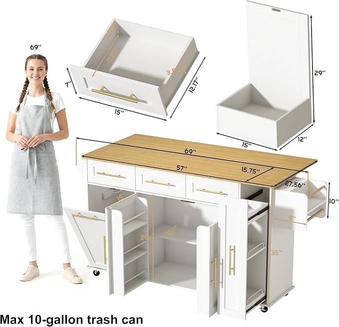 St.Mandyu 69" Large Kitchen Island on Wheels, Kitchen Rolling Island Cart with Trash Storage Cabinet, Power Outlet, 3-Tier Pull-Out Storage Trays, Drop Leaf, Mobile Island Table for Kitchen, White