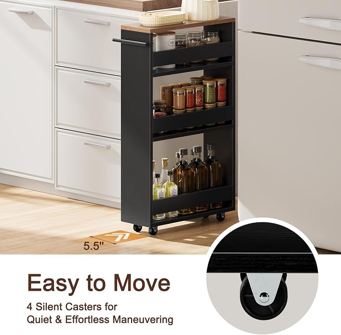 Yoobure Rolling Slim Storage Cart - Narrow Cart on Wheels, Slide Out Utility Carts, Organizer Trolley with Handle & Flip Top for Kitchen, Laundry