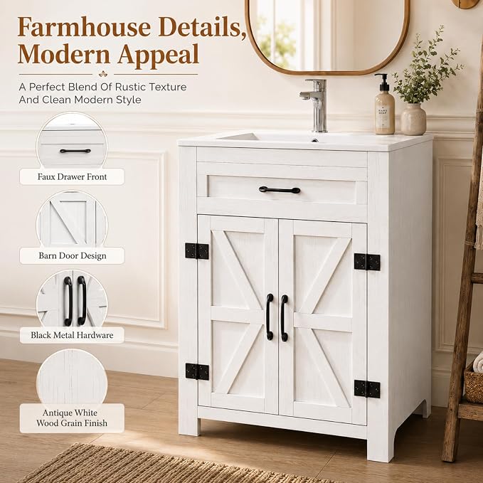 VINGLI 24 Inch Farmhouse Bathroom Vanity with Sink, Antique White Undermount Vanity Sink Cabinet with Barn Doors & U-Shaped Shelf, Freestanding Bathroom Storage Cabinet, Single Hole Ceramic Basin