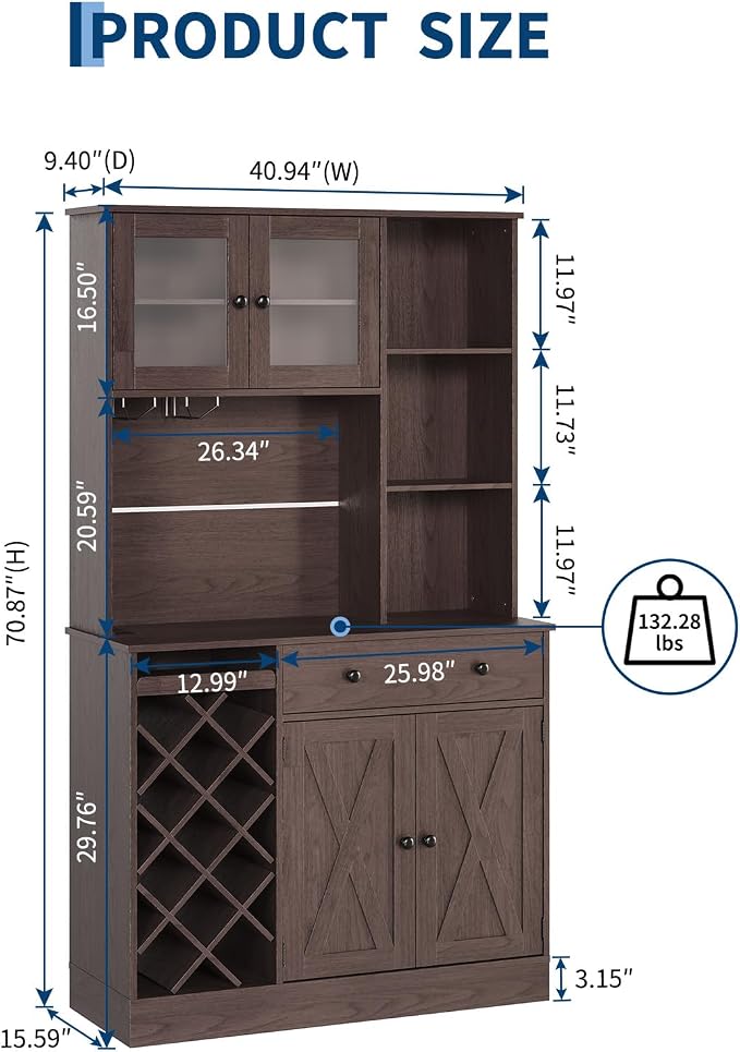 Garvee Coffee Bar Cabinet with Power Outlet & Exquisite Barn Doors, Sideboard Buffet Cabinet with Wine Bottle Rack, Storage Cabinet for Kitchen, Dining Room