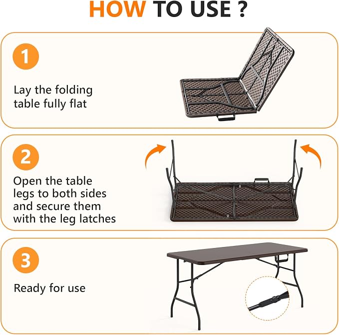 5 Foot Folding Table, Fold-in-Half Utility Table with Carrying Handle, 5FT Heavy Duty Portable Table for Party, Wedding, Picnic, Camping, Indoor & Outdoor, Brown