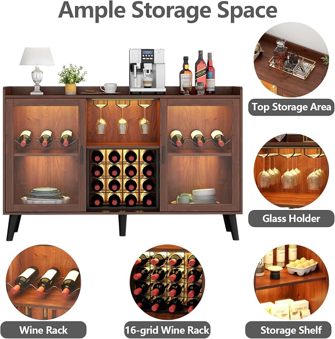 Wine Bar Cabinet with LED Light, Home Coffee Cabinet w/ Wine & Glass Holder