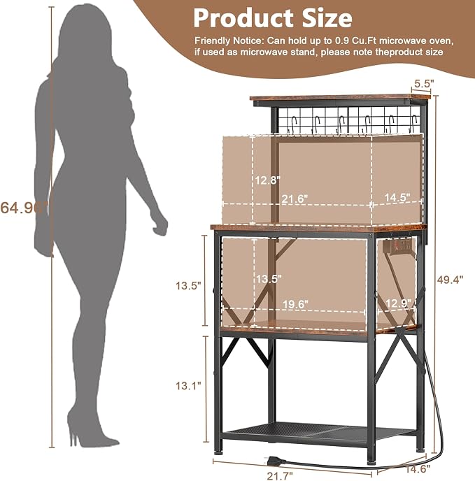 Furologee Kitchen Bakers Rack with Power Outlet, Microwave Oven Stand with Storage 4 Tiers, Coffee Bar Table with 6 S Hooks, Kitchen Storage Shelf Rack for Spices, Pots, Rustic Brown
