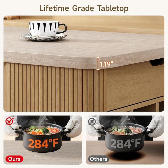 ONBRILL 61 Inch Fluted Kitchen Island with Storage Travertine Color