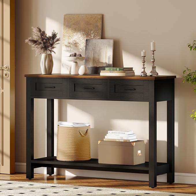 YOSHOOT 45" Farmhouse Entryway Console Table, Desk Behind the Couch with 3 Drawers and 2-Tier Shelves, Narrow Sofa Table for Hallway, Bedroom, Living Room, Black Brown