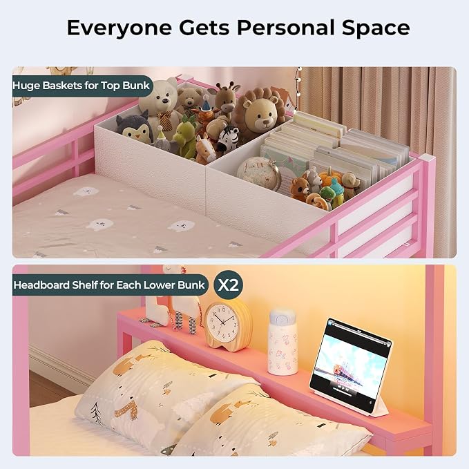 ADORNEVE Triple Bunk Bed Twin Over Twin with Storage Staircase, Pink
