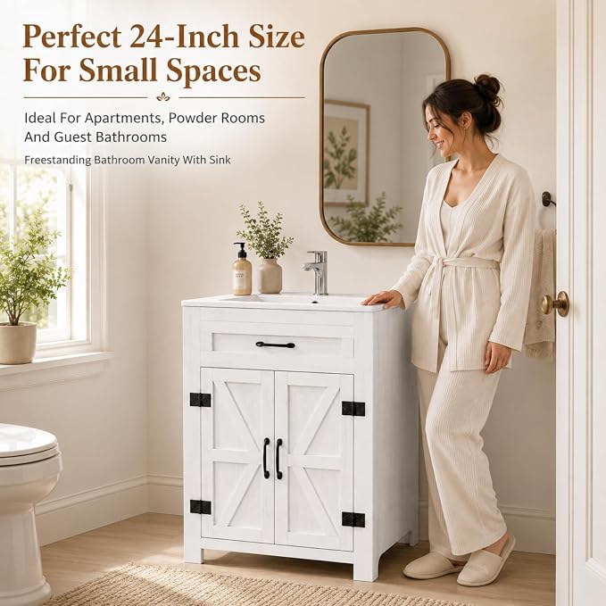 VINGLI 24 Inch Farmhouse Bathroom Vanity with Sink, Antique White Undermount Vanity Sink Cabinet with Barn Doors & U-Shaped Shelf, Freestanding Bathroom Storage Cabinet, Single Hole Ceramic Basin
