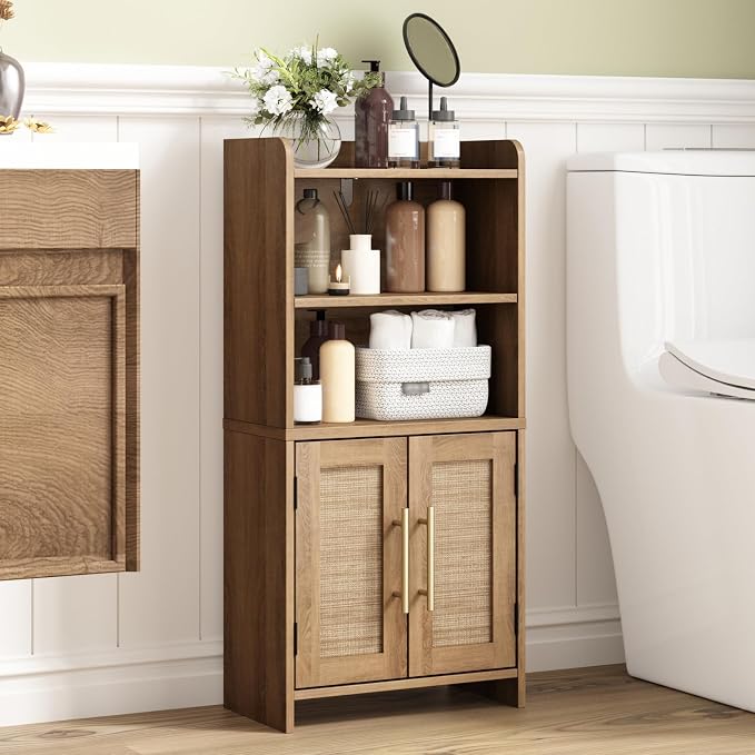Small Bathroom Storage Cabinet with 2 Doors & Shelf,Rattan Natural | Narrow Storage Organizer, Toilet Paper Floor Cabinets Freestanding, for Small Spaces, Laundry Room, 7.8" D x 14.6" W x 31" H