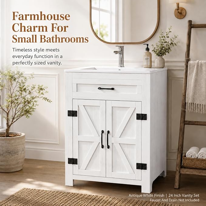 VINGLI 24 Inch Farmhouse Bathroom Vanity with Sink, Antique White Undermount Vanity Sink Cabinet with Barn Doors & U-Shaped Shelf, Freestanding Bathroom Storage Cabinet, Single Hole Ceramic Basin