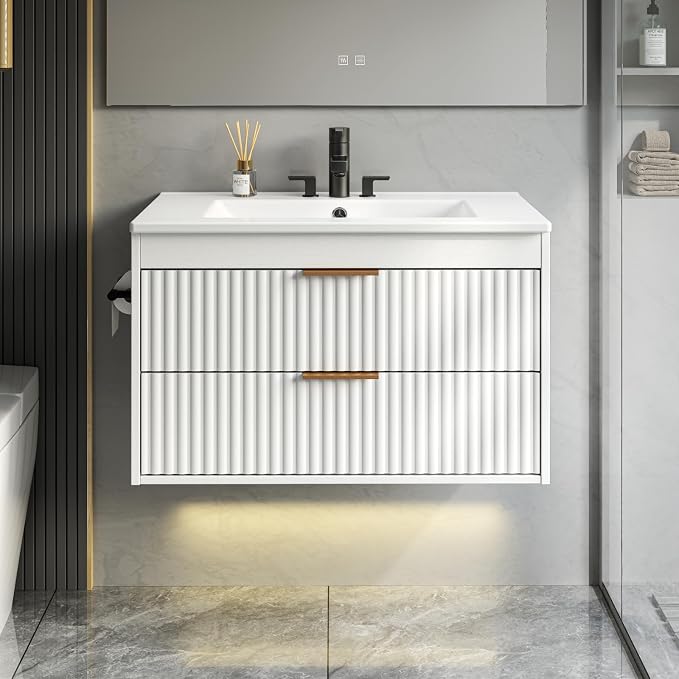 30 Inch Floating Bathroom Vanity with Sink & Towel Holder, Fluted Wall Mounted Vanity Cabinet, Modern Bathroom Combo with LED Light, Metal Handle & Double Soft-Closing Drawers, White