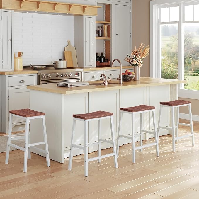 HOOBRO Bar Stools, Set of 2 Bar Chairs, 23.6 Inch Saddle Stools, Kitchen Counter Seat with Footrests, Industrial Barstools for Dining Room, Kitchen, Counter, Bar, Walnut and White HW02MD01
