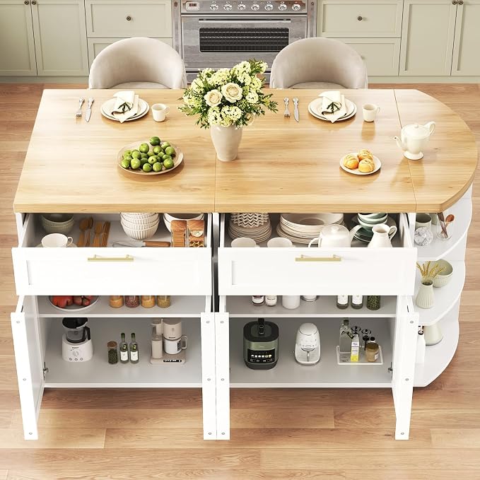 HSH 63 Inch Large Kitchen Island with Storage and Seating, Light Oak