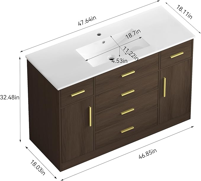 LUMISOL 48 Inch Bathroom Vanity with Sink, Freestanding Bathroom Vanity with 6 Storage Drawers and 2 Soft-Closing Doors, Wood 48" Bathroom Vanities with Resin Sink, Dark Brown