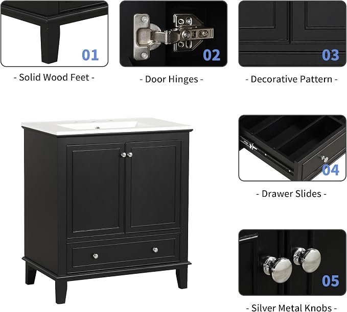 30" Bathroom Vanity Cabinet with Undermount Sink, Storage Rack Shelf, Multi-Functional Drawer Divider, Soft Closing Doors, Black