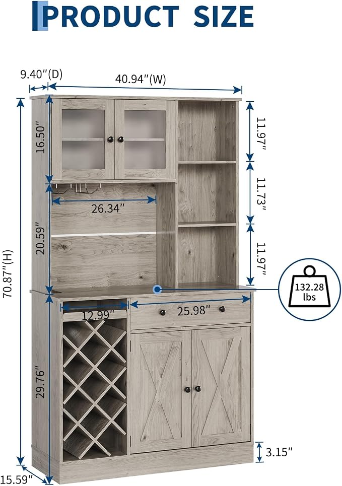 Garvee Coffee Bar Cabinet with Power Outlet & Exquisite Barn Doors, Sideboard Buffet Cabinet with Wine Bottle Rack, Storage Cabinet for Kitchen, Dining Room