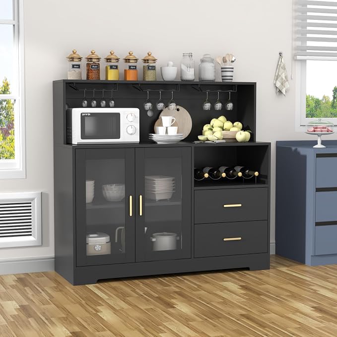 Bar Cabinet for Home with LED Light,Coffee Bar Cabinet w/ Wine & Glass Rack