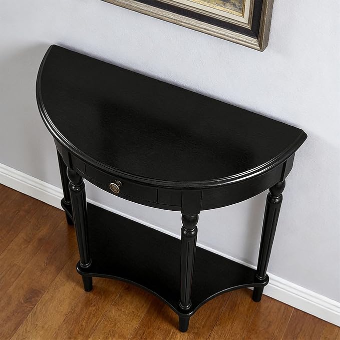 Half Moon Console Table Solid Wood Vintage Entryway Table with Storage Drawer Small Hallway Table for Entryway Half Round Foyer Tables Walnut Entry Way Tables For Entrance (Black, W-23.6")