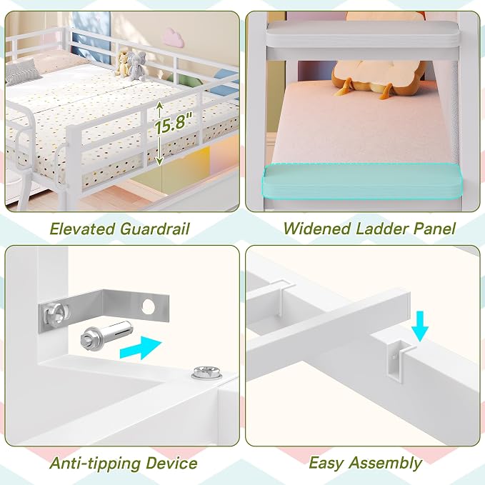 Dnxao Low Loft Bed Full Size with Desk and 9 Storage Drawers, White