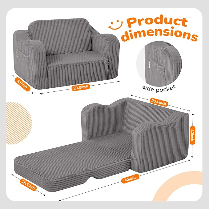 MeMoreCool Kids Chair, 2-in-1 Corduroy Fold Out Sofa, Foam Seat, Light Grey