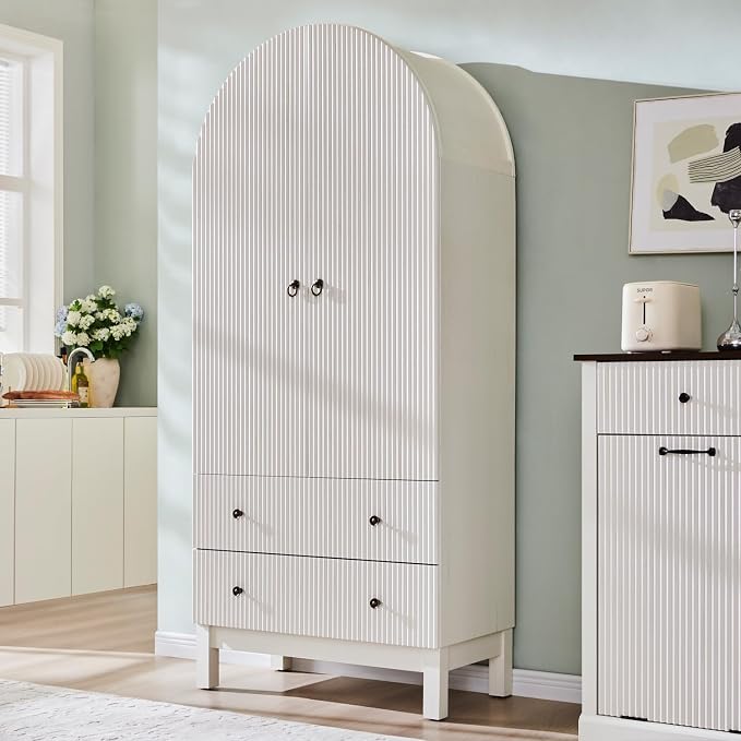IFGET 71" Tall Arched Pantry Cabinet, Fluted Kitchen Storage Cabinet with Adjustable Shelves and 2 Large Drawers, Freestanding Morden Versatile Cupboard for Living Room, Bathroom, White