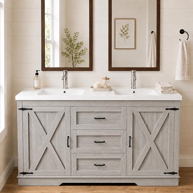 Cushore Double Sink Bathroom Vanity, 60 Inch Bathroom Vanity Double Sink with 2 Farmhouse Barn Doors & 3 Drawers, Dual Rounded Basins, Bathroom Vanity Sink Cabinet, Gray