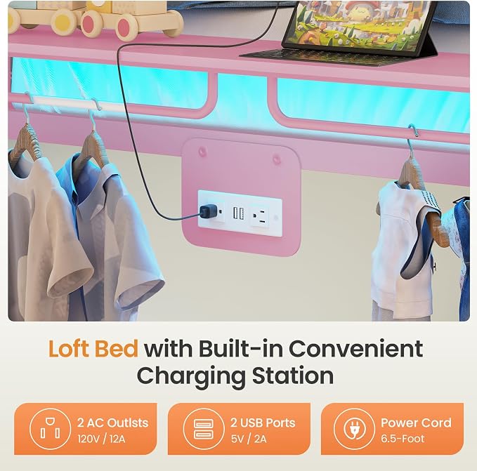 Itaar Metal Bunk Bed Full Over Full with Hall Tree, Power Outlet, LED Bunk Bed with 6 Storage Drawers, Bed with 13‘’ Safety Guardrail & Ladders for Kids and Teen, 400lb Weight Capacity, Pink