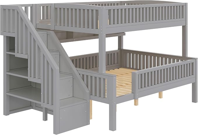 LUMISOL Full XL Over Queen Bunk Bed with Stairs, Solid Wood Bunk Bed Frame with LED Light and Bookshelf, Gray