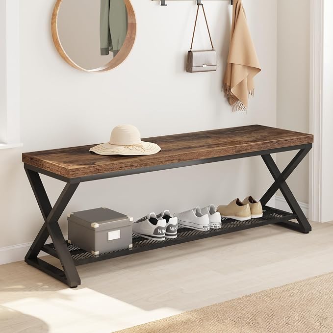 LVB Rustic Brown Entryway Bench, 47” Industrial Shoe Bench with Storage