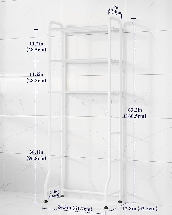 Kitsure Over Toilet Storage Rack, 63.2" H Space-Saving, Holder & Hooks | Bathroom, Laundry Room, Small Spaces, Families, Durable Metal, White, 3 Tier