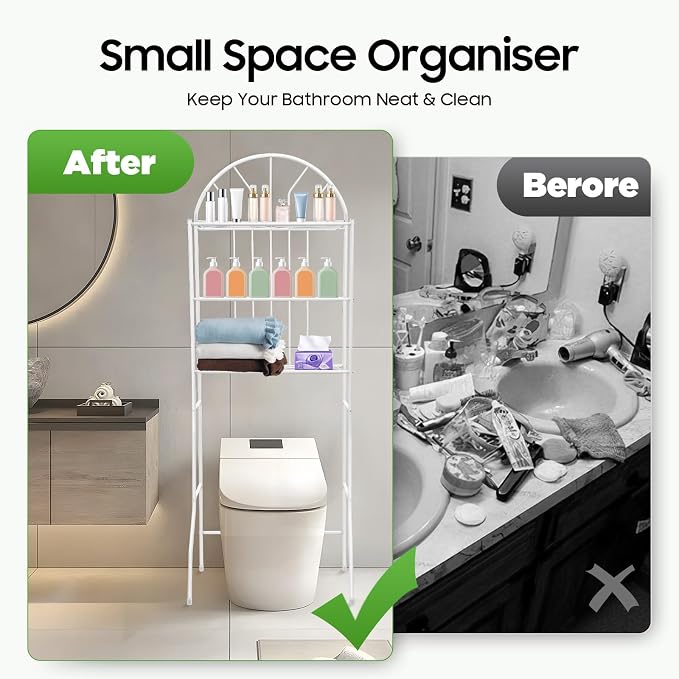 3-Tier Over The Toilet Storage Rack, Space Saver Metal Bathroom Shelves, Freestanding Over Toilet Bathroom Organizer for Bathroom/Living Room (White)