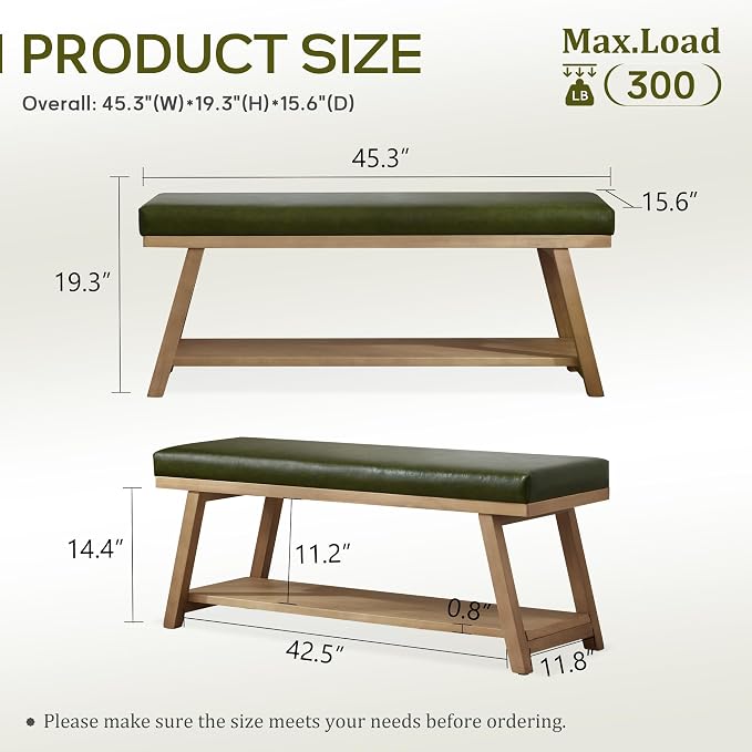 45" Entryway Bench Upholstered Storage Bench for Bedroom(PU-Green)