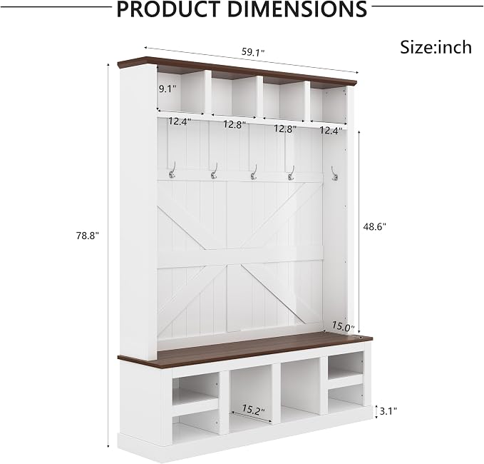 KEIKI 79" Hall Tree with Bench, Farmhouse Entryway Coat Rack, White Walnut