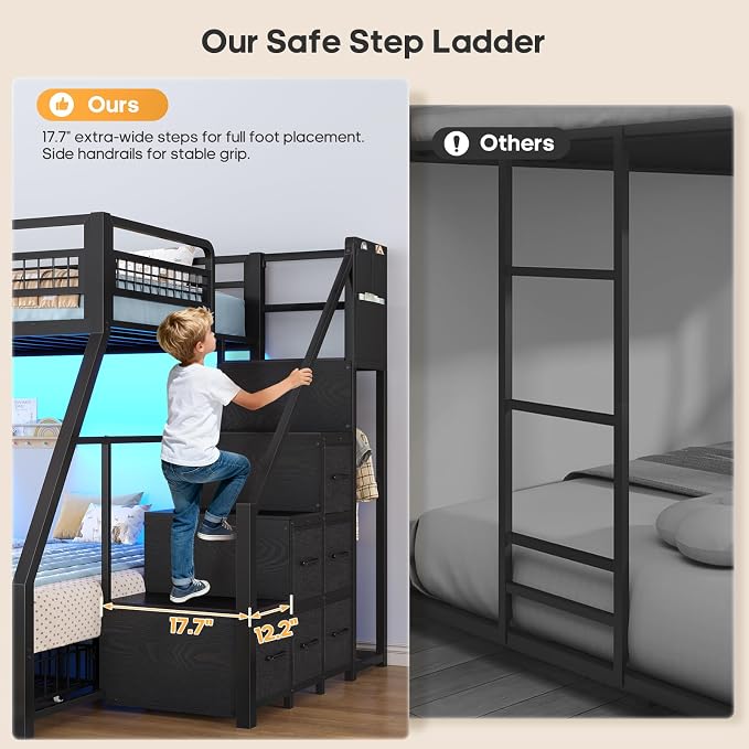 BTHFST Bunk Bed Twin Over Full with Stairs, Storage Drawers and LED Lights