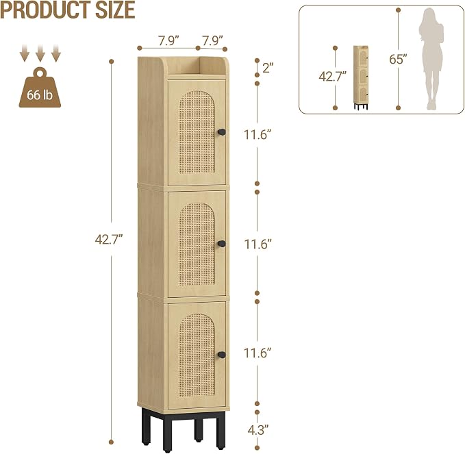 Hzuaneri Slim Bathroom Storage Cabinet, Narrow Bathroom Organizers,3 Doors | Narrow Storage Cabinet with 4 Adjustable Feet, Laundry Room Organization for Small Space, Kitchen,Living Room,Rattan Yellow