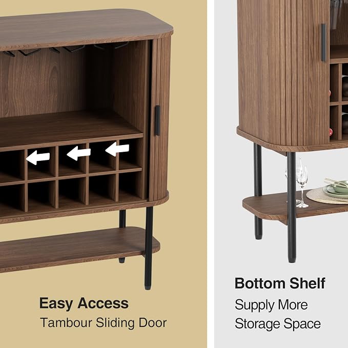 Coffee Bar Cabinet with Storage, Fluted Wine Cabinet with Sliding Doors