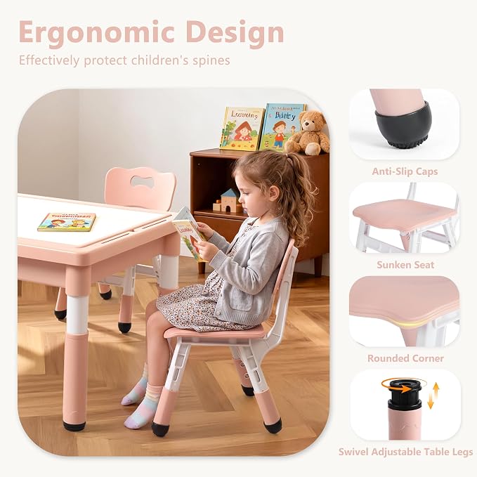 Kinder King Kids Table & 2 Chairs Set, Adjustable Heights, Storage, Pink