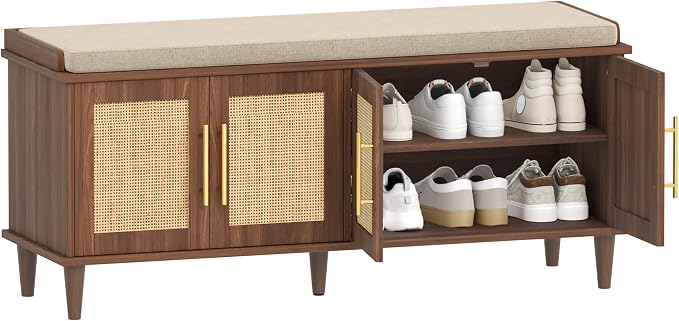 Akxomel 47.2" Rattan Shoe Storage Bench 4 Doors Entryway Bench Walnut