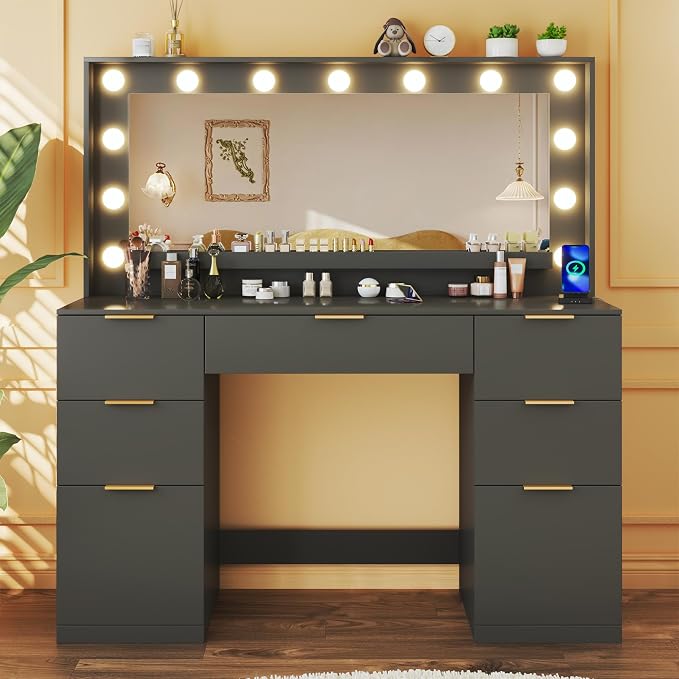 HUAHUU Vanity Desk with Mirror and Lights, 45.3in Makeup Vanity with 7 Drawers & Large Mirror, with 3-Color Adjustable Lighting & Power Outlet, Black Vanity Desk for Bedroom