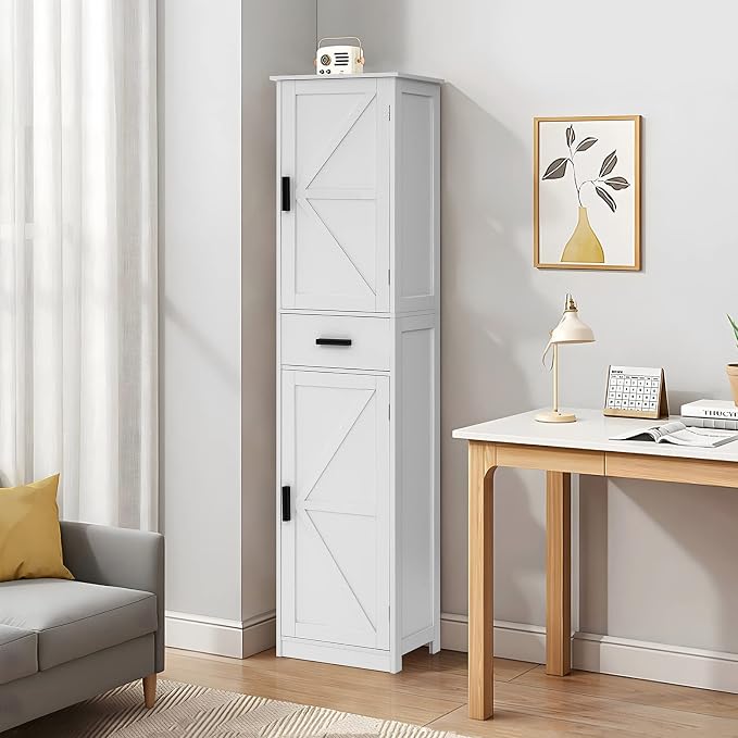 WEENFON Tall Bathroom Cabinet, Storage Cabinet with 6 Shelves & Drawer, Bathroom Storage Cabinet with Adjustable Shelves, Tall Cabinet for Living Room, Home Office, White