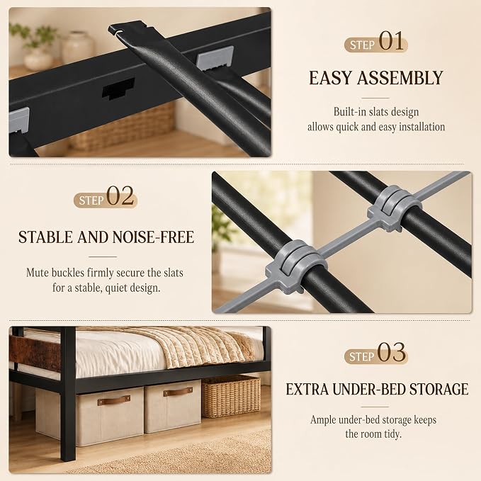 Feonase Metal Bunk Bed Full Over Full with Ladder and High Guardrail, Heavy-Duty Metal Slats Support, Noise Free, No Box Spring Needed, for Kids and Juniors, Vintage