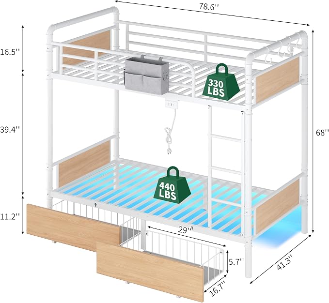 Jocoevol Metal LED Bunk Bed Twin Over Twin with 2 Storage Drawers, USB Charging Station, Industrial Bunkbeds Heavy Duty Bed with Safety Guardrail and Ladder, No Box Spring Needed, White
