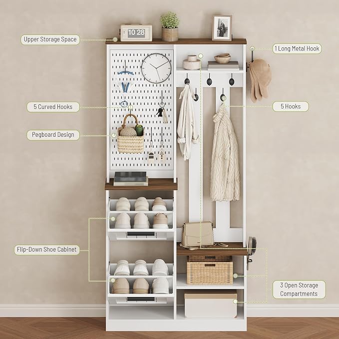 Hall Tree with 2 Flip-Down Shoe Cabinet for Entryway